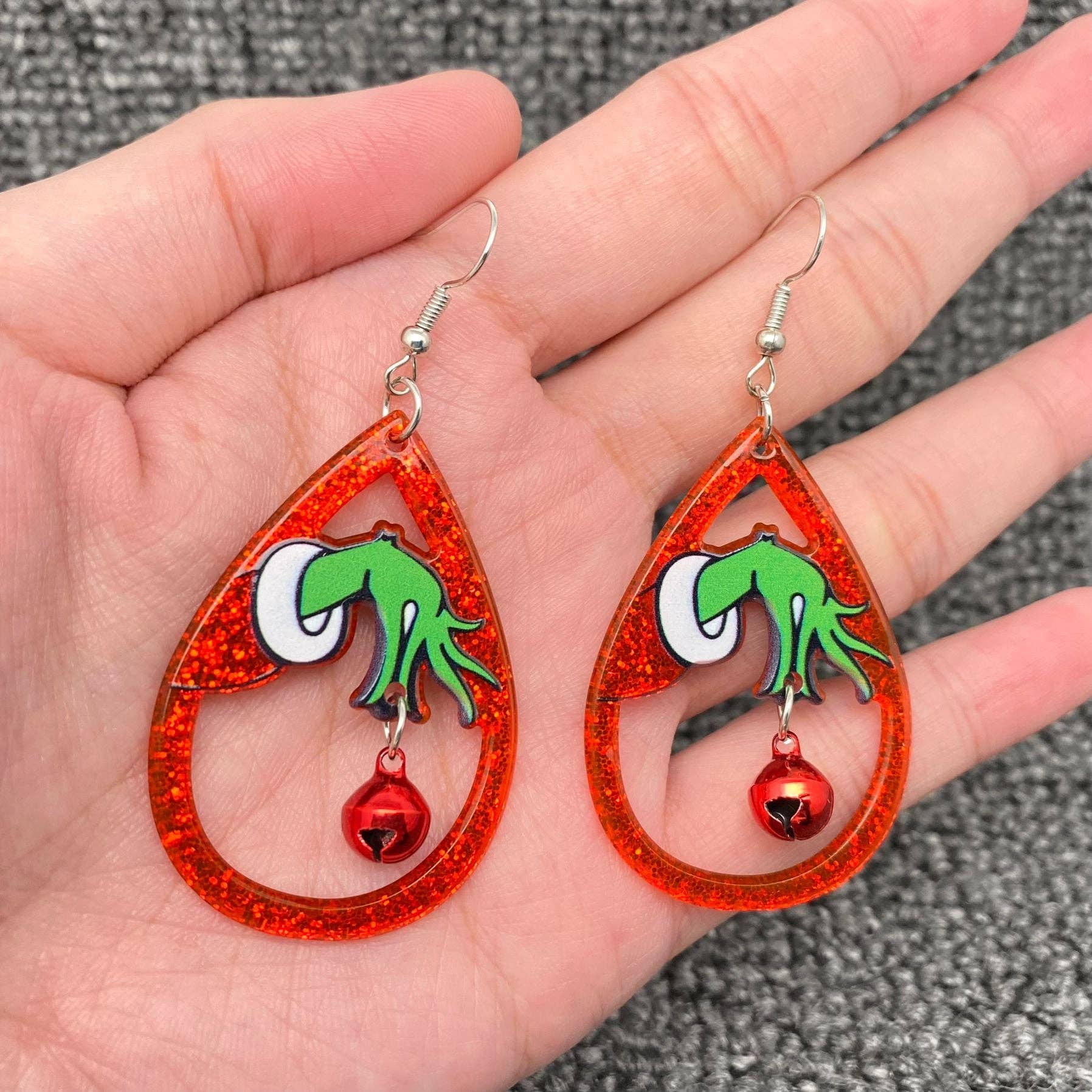 Christmas Acrylic Grinch Bell Dangle Earrings