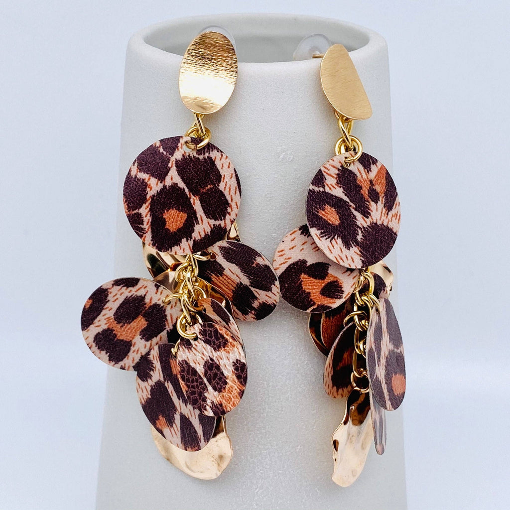 Long Round Metal Sheet Leopard Print PU Leather Earring
