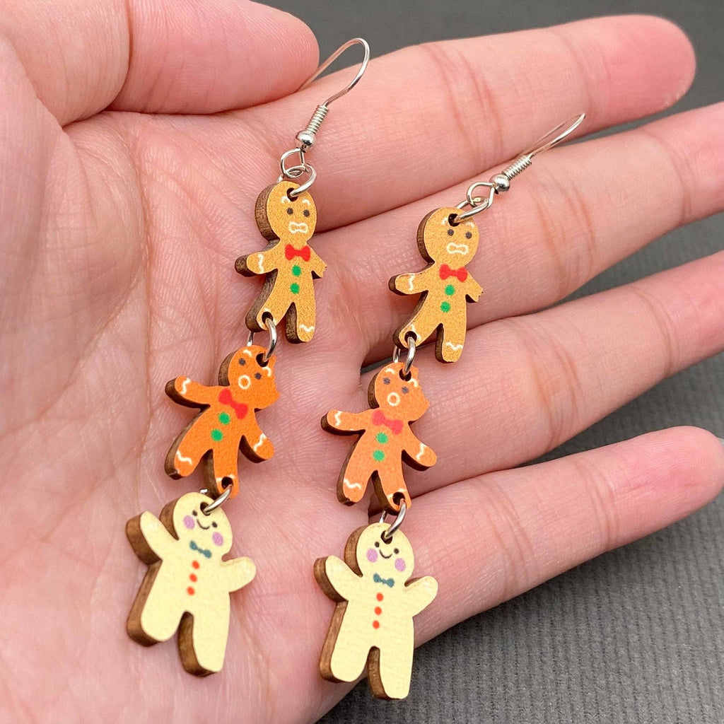 Christmas Jewelry Wooden Gingerbread Man Dangle Earrings