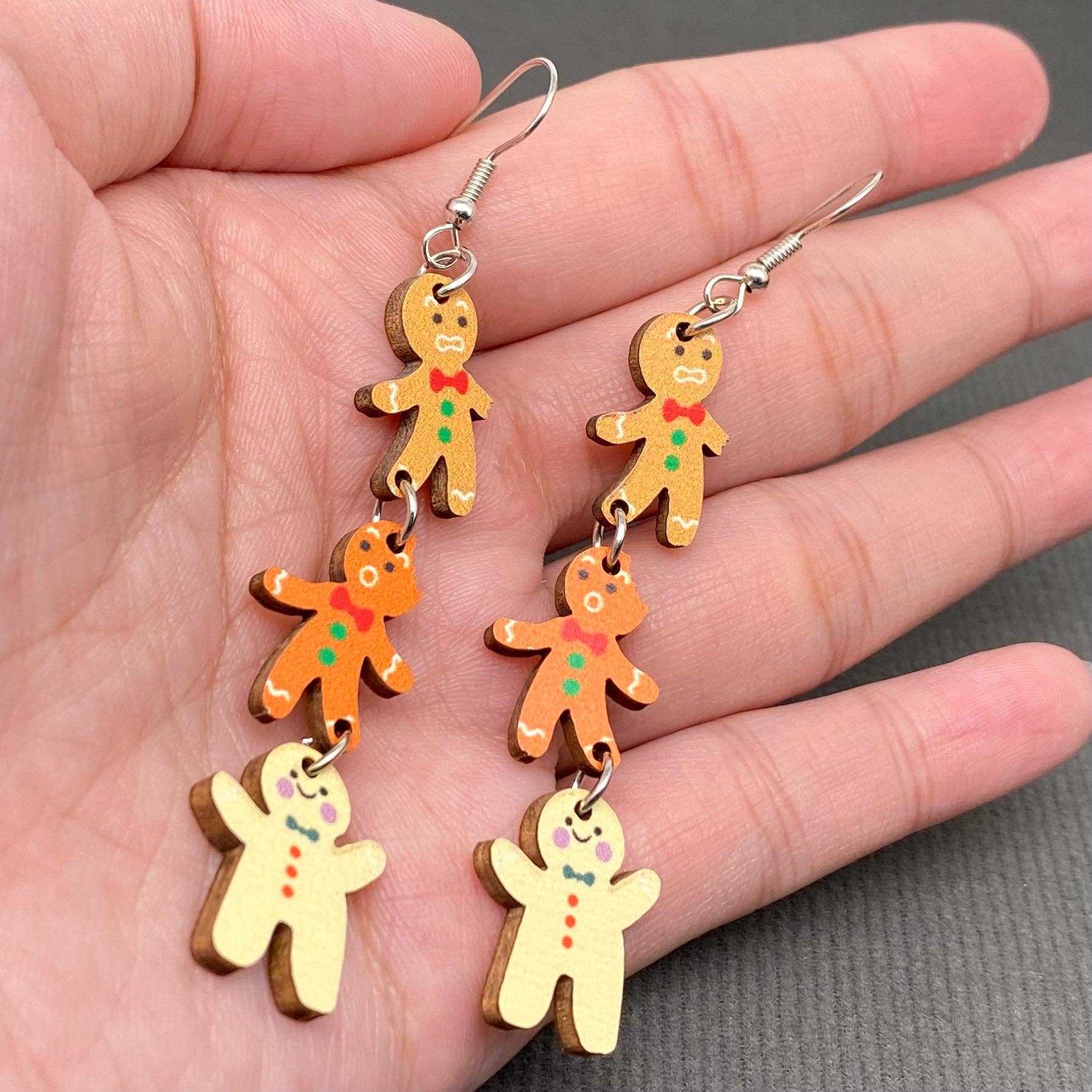 Christmas Jewelry Wooden Gingerbread Man Dangle Earrings