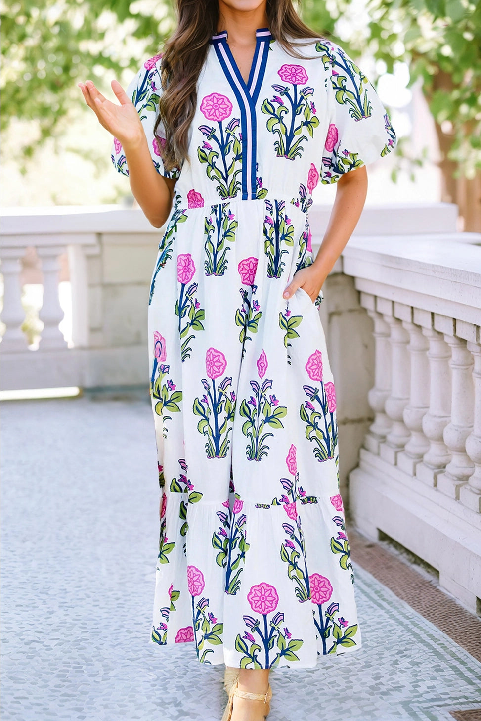 Floral Puff Sleeve V-Neck Maxi Dress