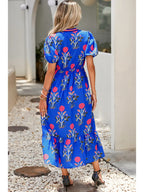 Floral Puff Sleeve V-Neck Maxi Dress