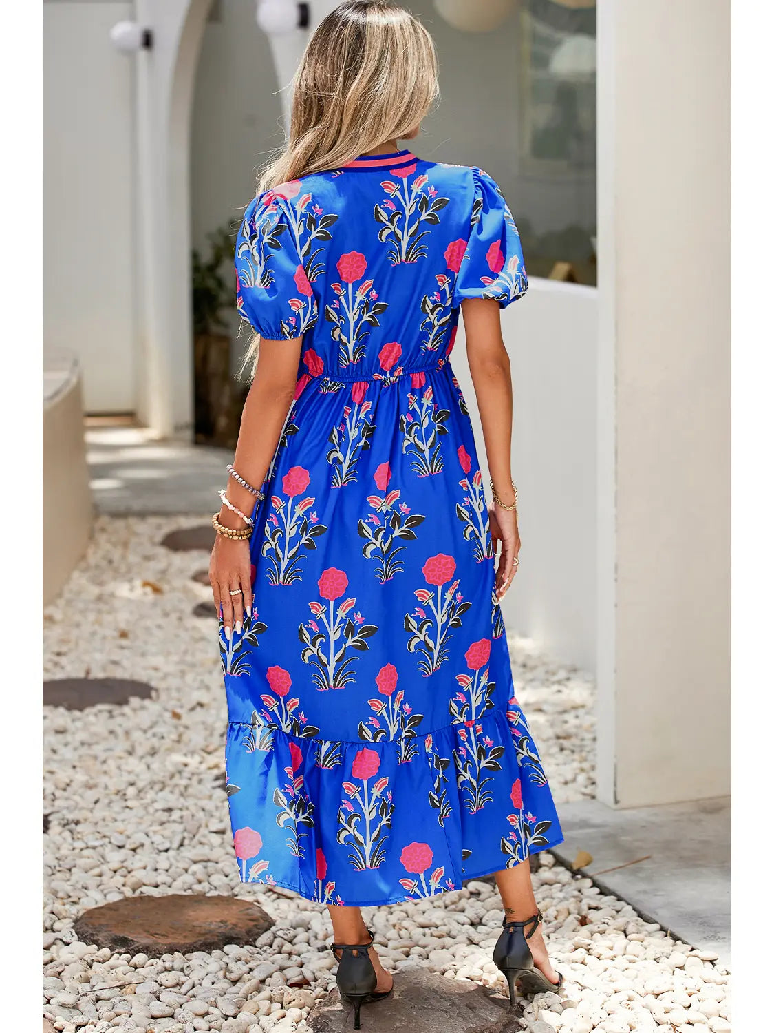 Floral Puff Sleeve V-Neck Maxi Dress