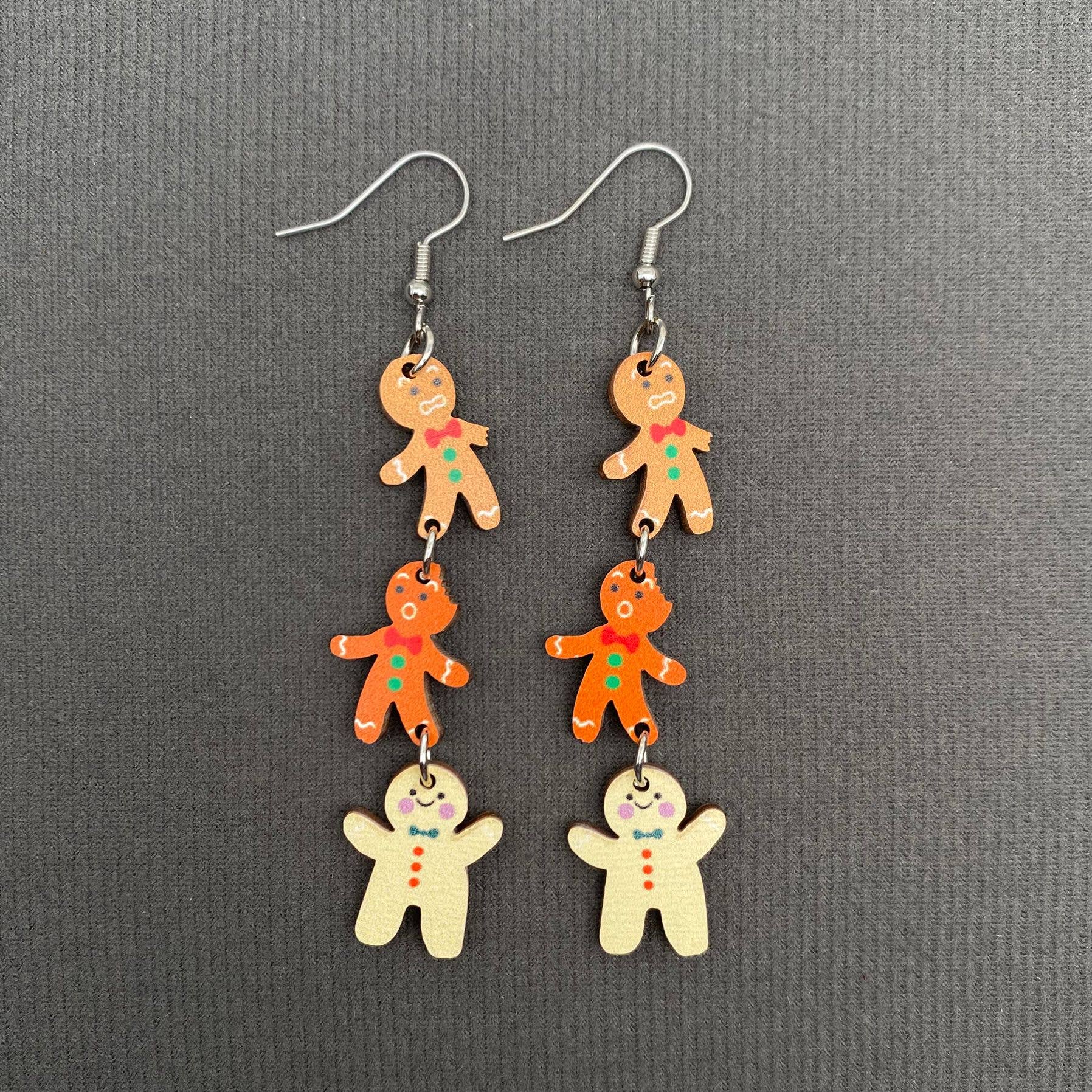 Christmas Jewelry Wooden Gingerbread Man Dangle Earrings