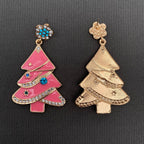Rhinestone Inlaid Pink Enamel Christmas Tree Dagle Earrings
