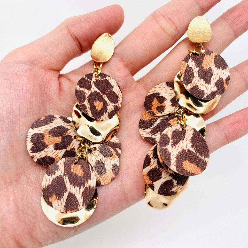 Long Round Metal Sheet Leopard Print PU Leather Earring