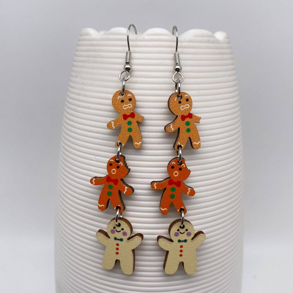 Christmas Jewelry Wooden Gingerbread Man Dangle Earrings