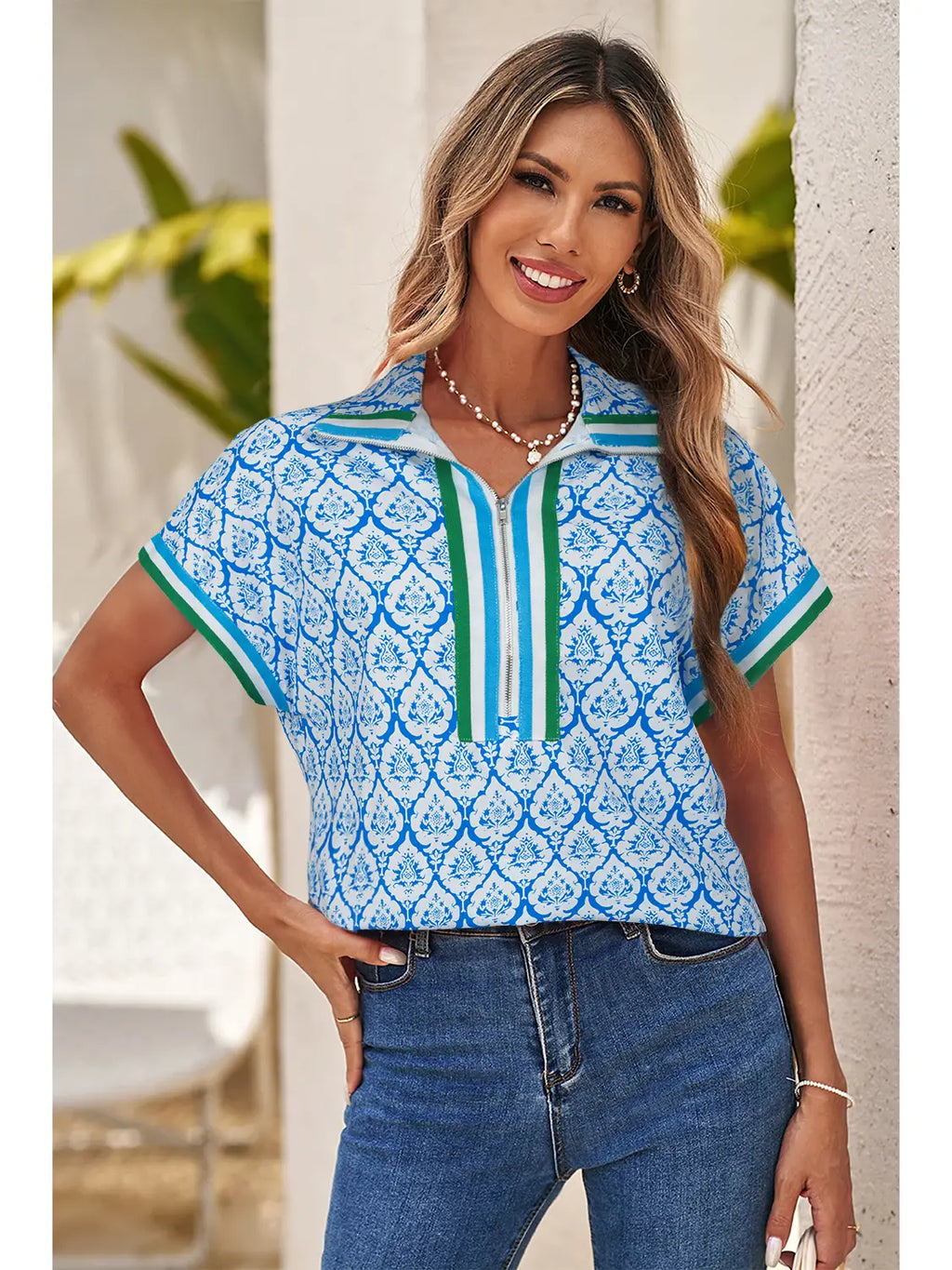 Zipper Detail Patterned Blouse