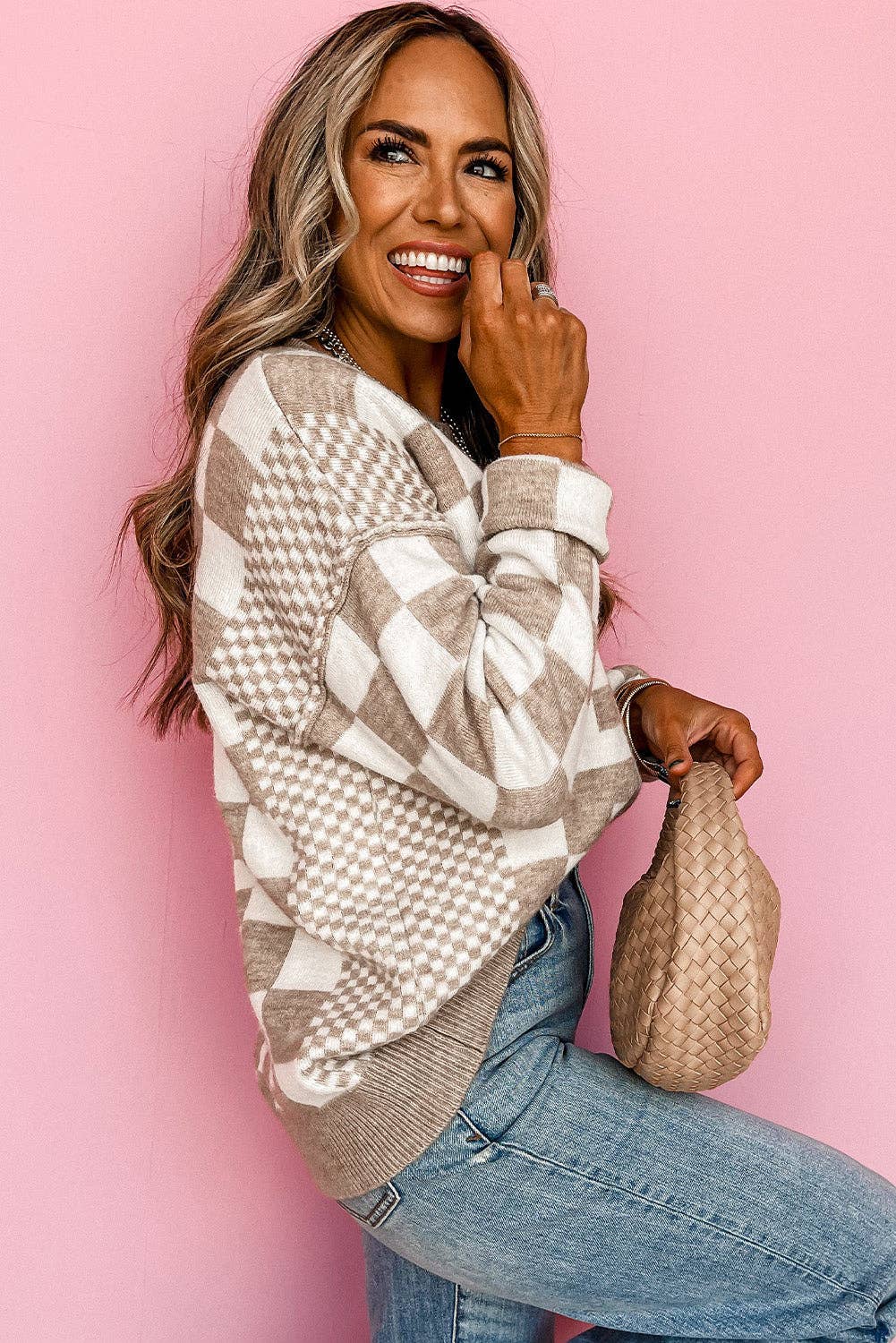 Khaki Checkered Print Drop Shoulder Sweater
