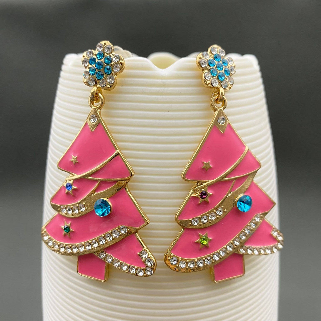 Rhinestone Inlaid Pink Enamel Christmas Tree Dagle Earrings