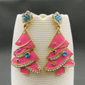 Rhinestone Inlaid Pink Enamel Christmas Tree Dagle Earrings