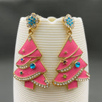 Rhinestone Inlaid Pink Enamel Christmas Tree Dagle Earrings