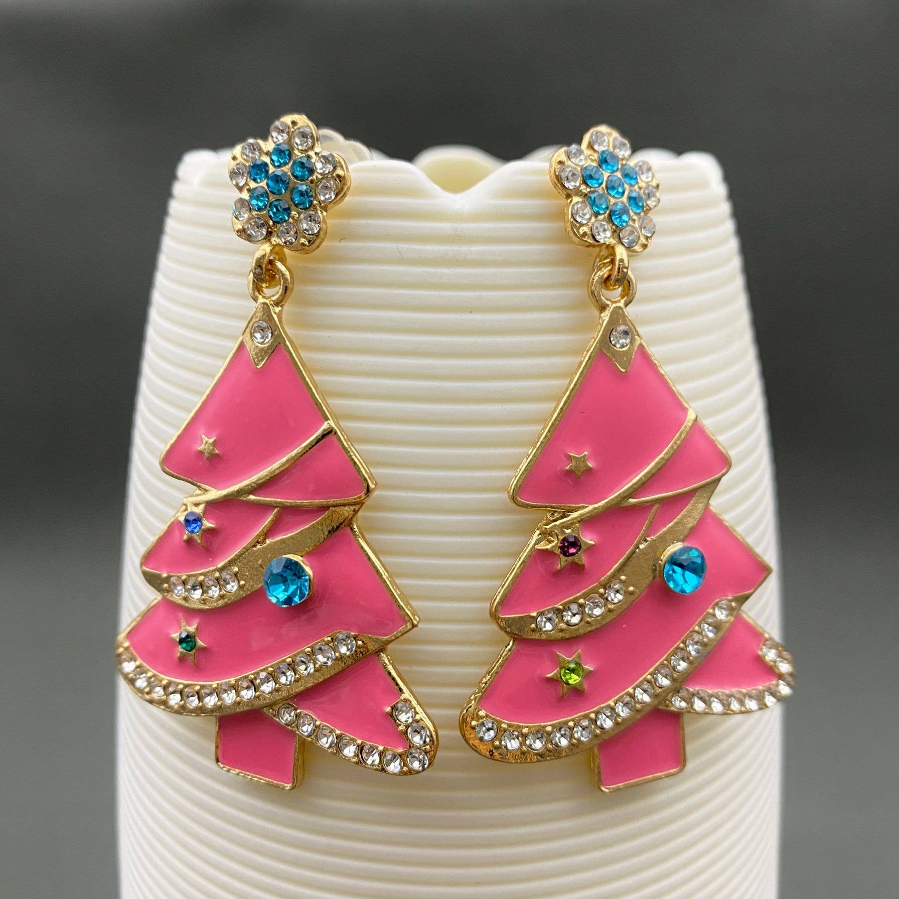 Rhinestone Inlaid Pink Enamel Christmas Tree Dagle Earrings
