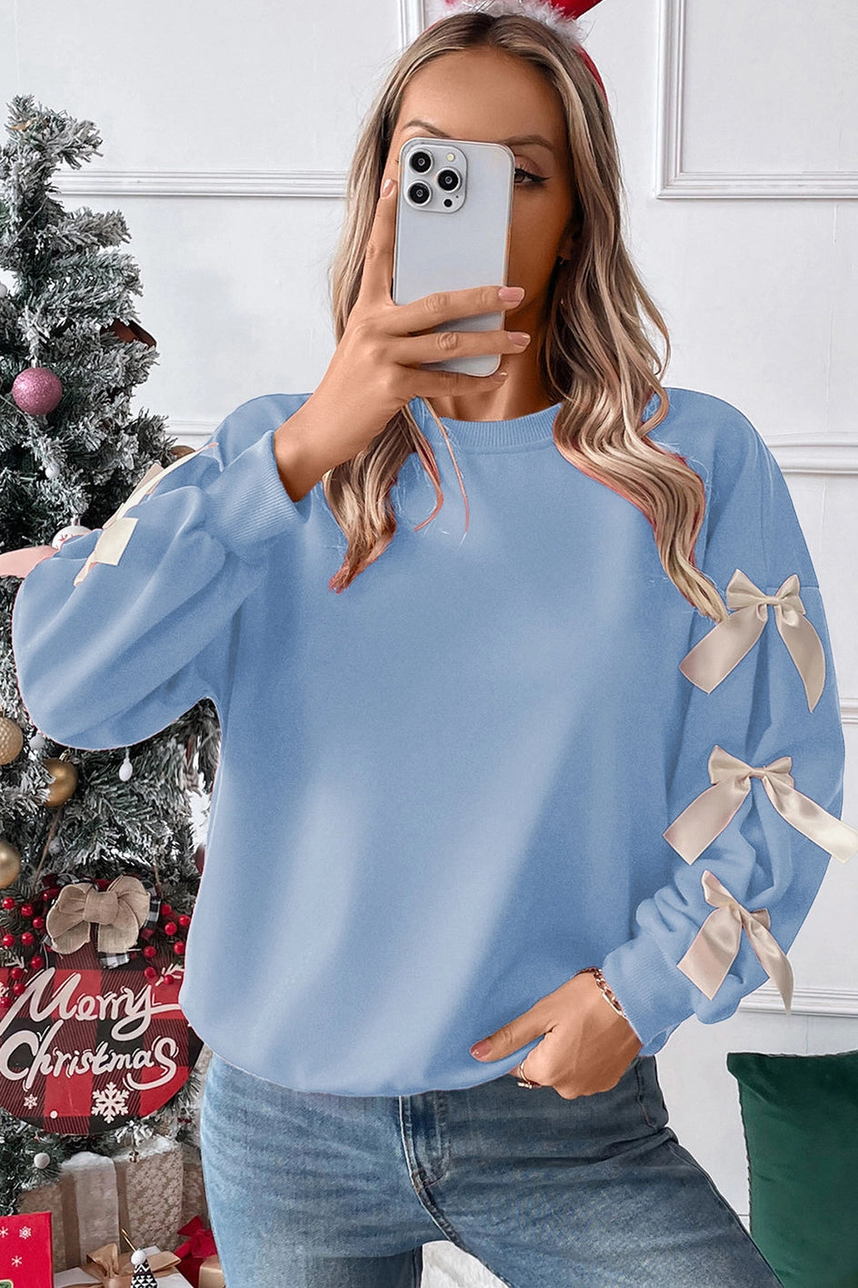 Bowknot Trim Crewneck Sweatshirt