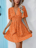 V-Neck Floral Pleat Dress