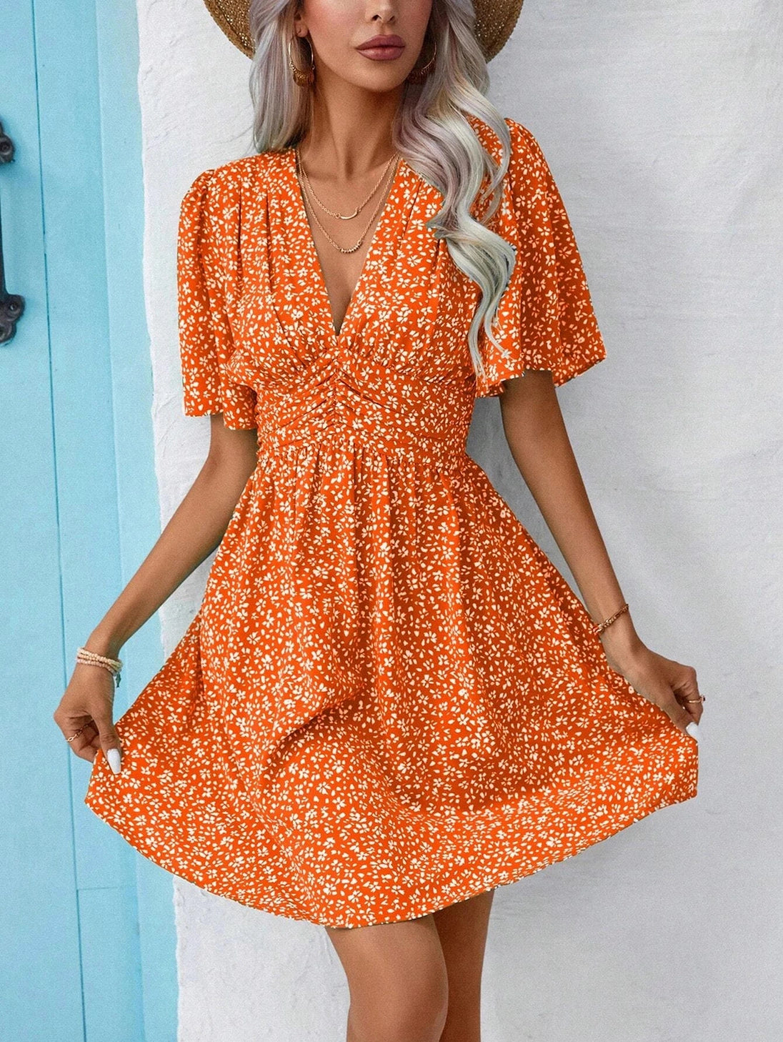 V-Neck Floral Pleat Dress