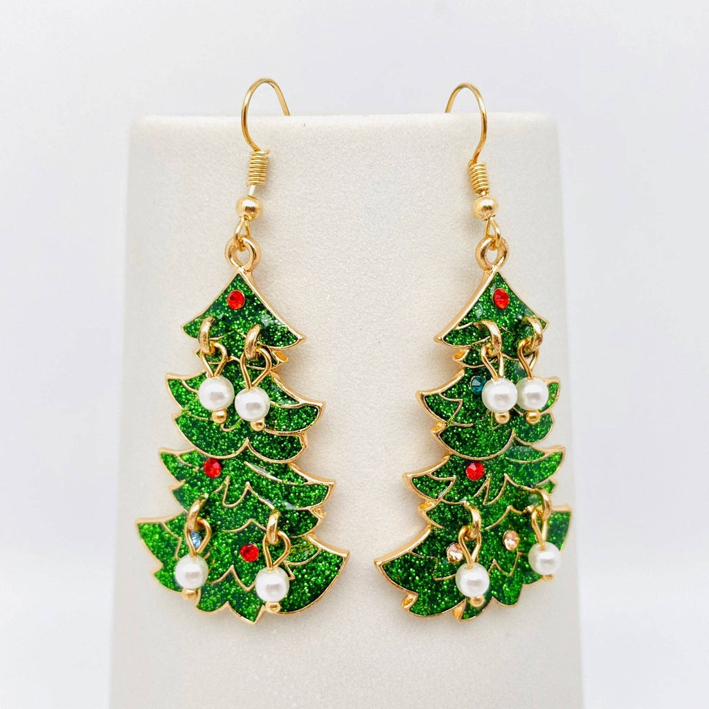 Christmas Tree Green Enamel Metal Pearl Dangle Earrings