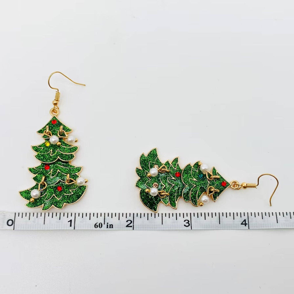 Christmas Tree Green Enamel Metal Pearl Dangle Earrings