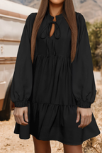 Smocked Detail Long Puff Sleeve Ruffle Hem Loose Fall Dress