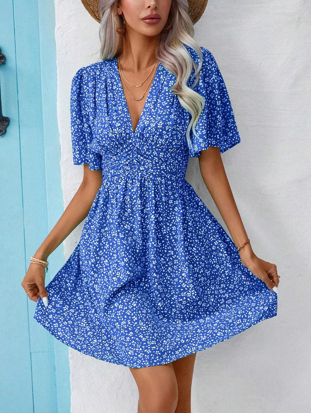 V-Neck Floral Pleat Dress