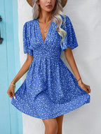 V-Neck Floral Pleat Dress