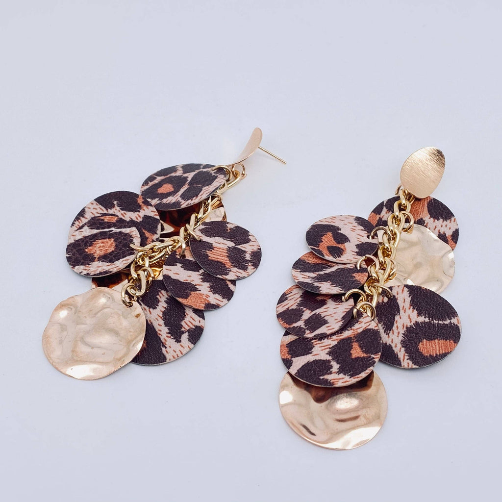 Long Round Metal Sheet Leopard Print PU Leather Earring