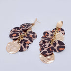 Long Round Metal Sheet Leopard Print PU Leather Earring