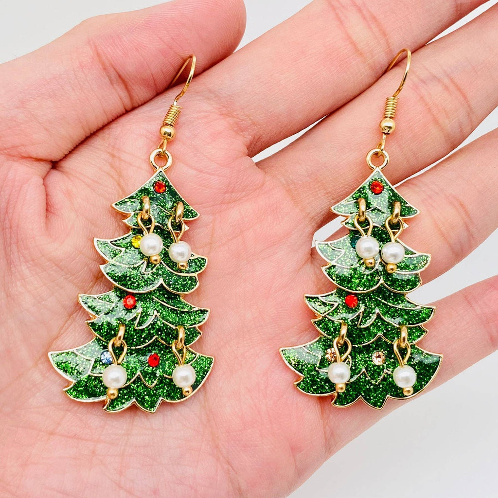 Christmas Tree Green Enamel Metal Pearl Dangle Earrings