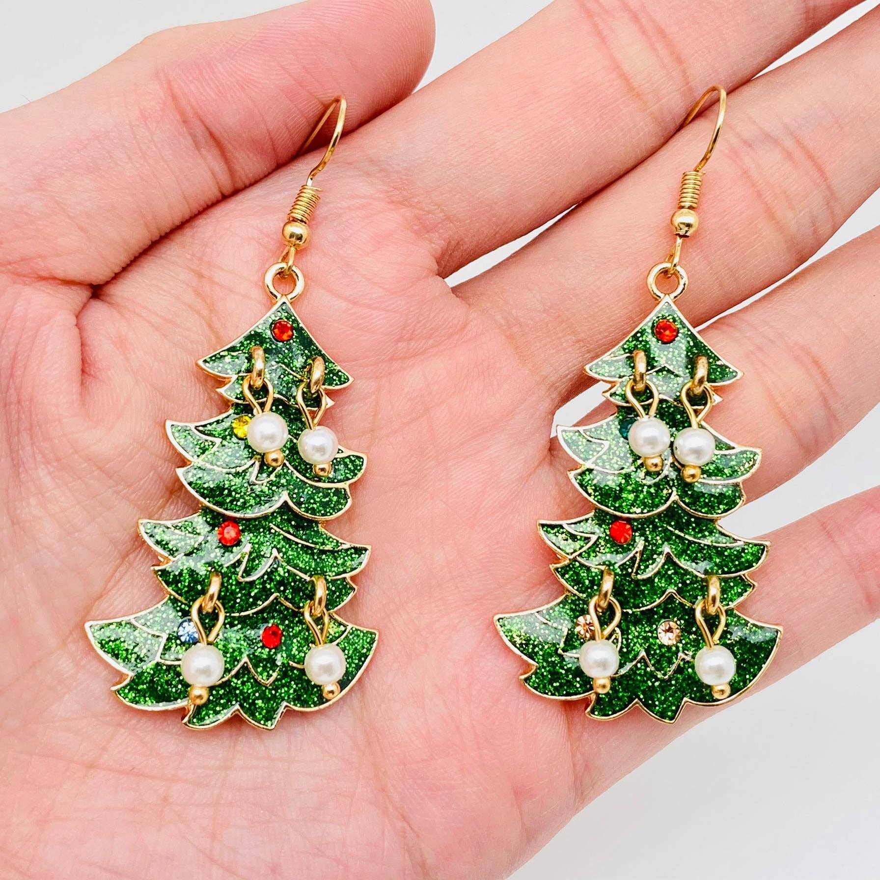 Christmas Tree Green Enamel Metal Pearl Dangle Earrings