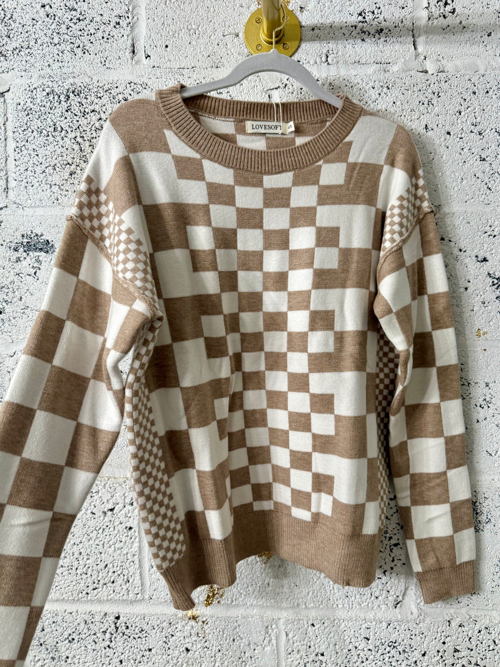 Khaki Checkered Print Drop Shoulder Sweater