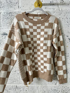 Khaki Checkered Print Drop Shoulder Sweater