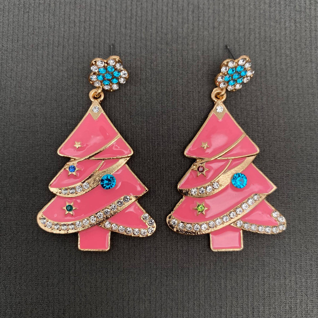 Rhinestone Inlaid Pink Enamel Christmas Tree Dagle Earrings