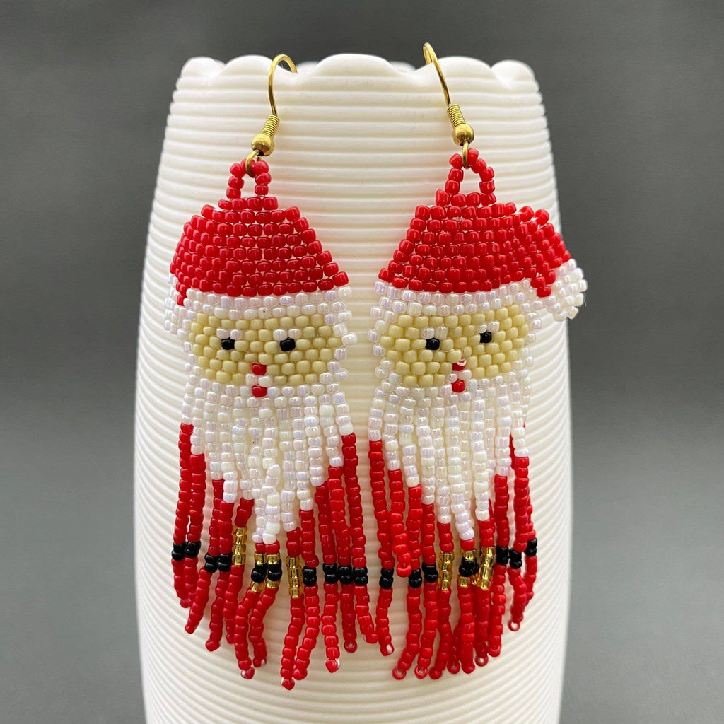 Christmas Santa Claus Pattern Seed Beads Fringe Earrings -SB