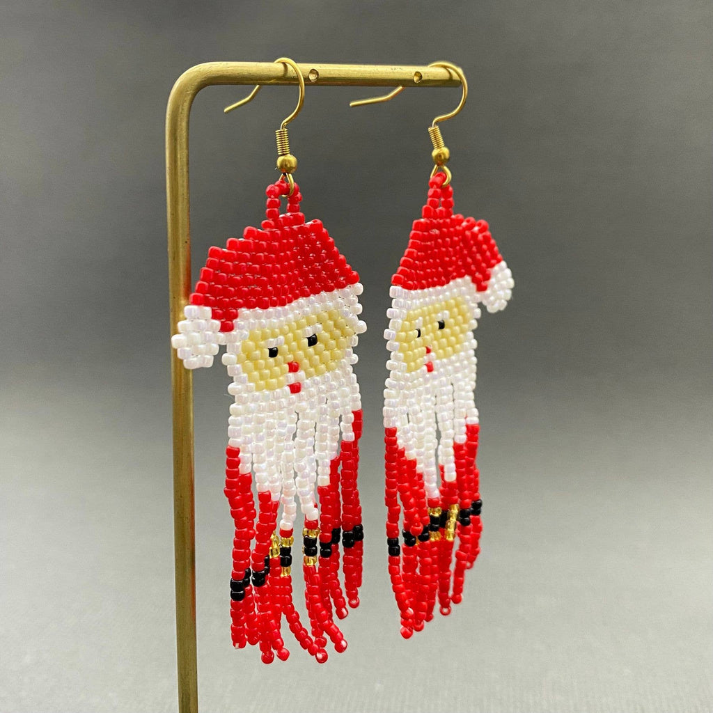Christmas Santa Claus Pattern Seed Beads Fringe Earrings -SB