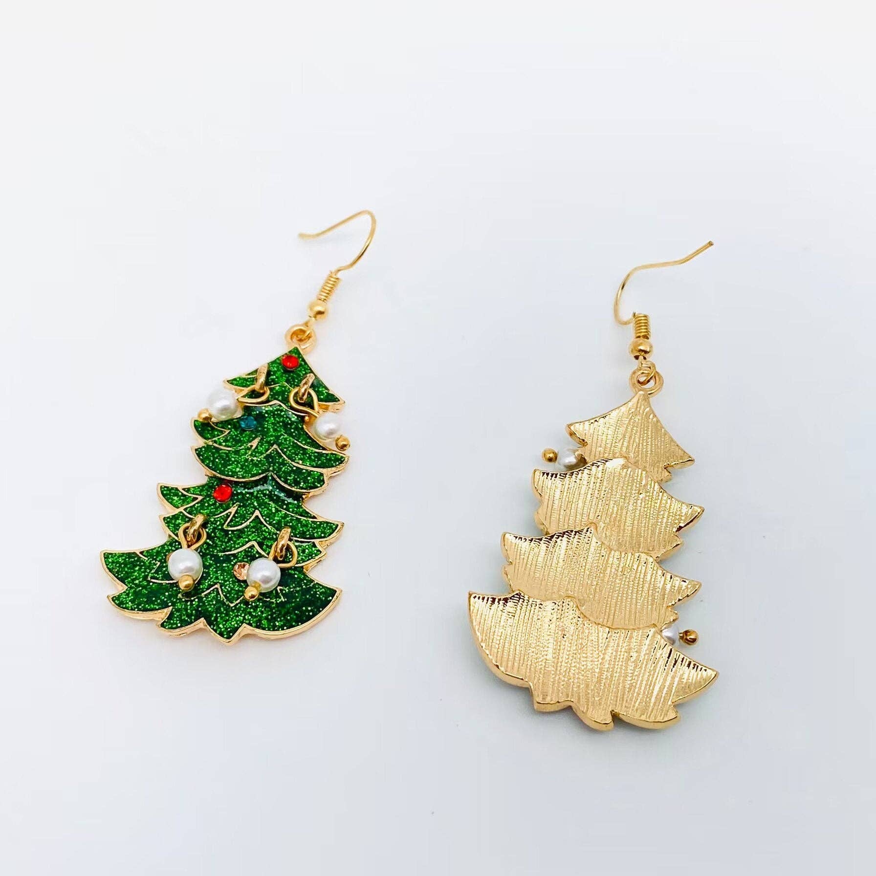 Christmas Tree Green Enamel Metal Pearl Dangle Earrings