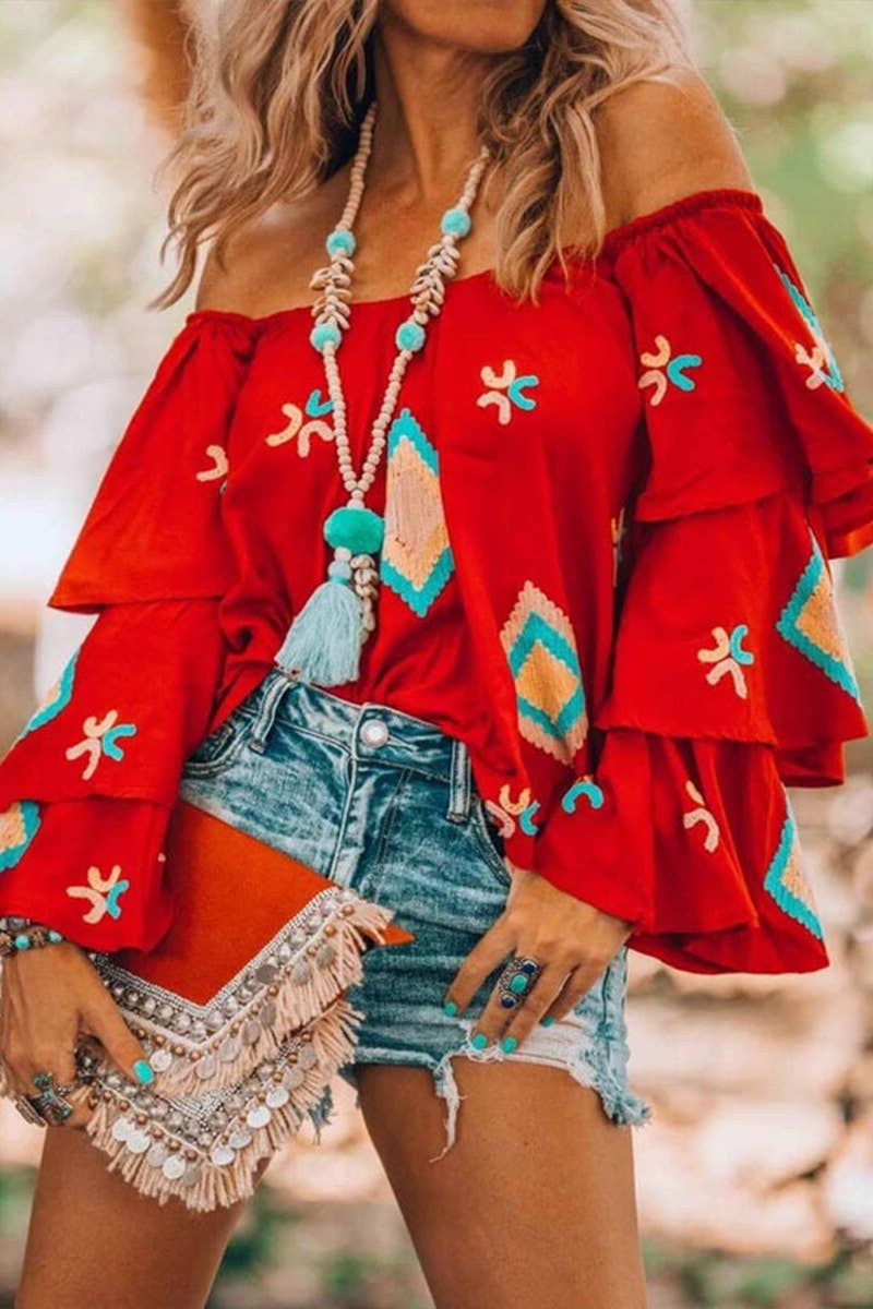 Boho print one-shoulder long-sleeved pullover top