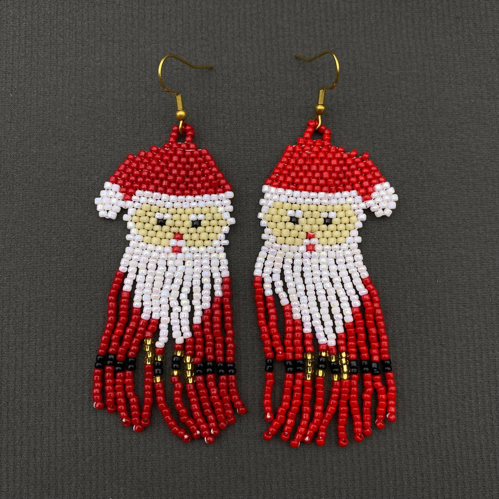 Christmas Santa Claus Pattern Seed Beads Fringe Earrings -SB