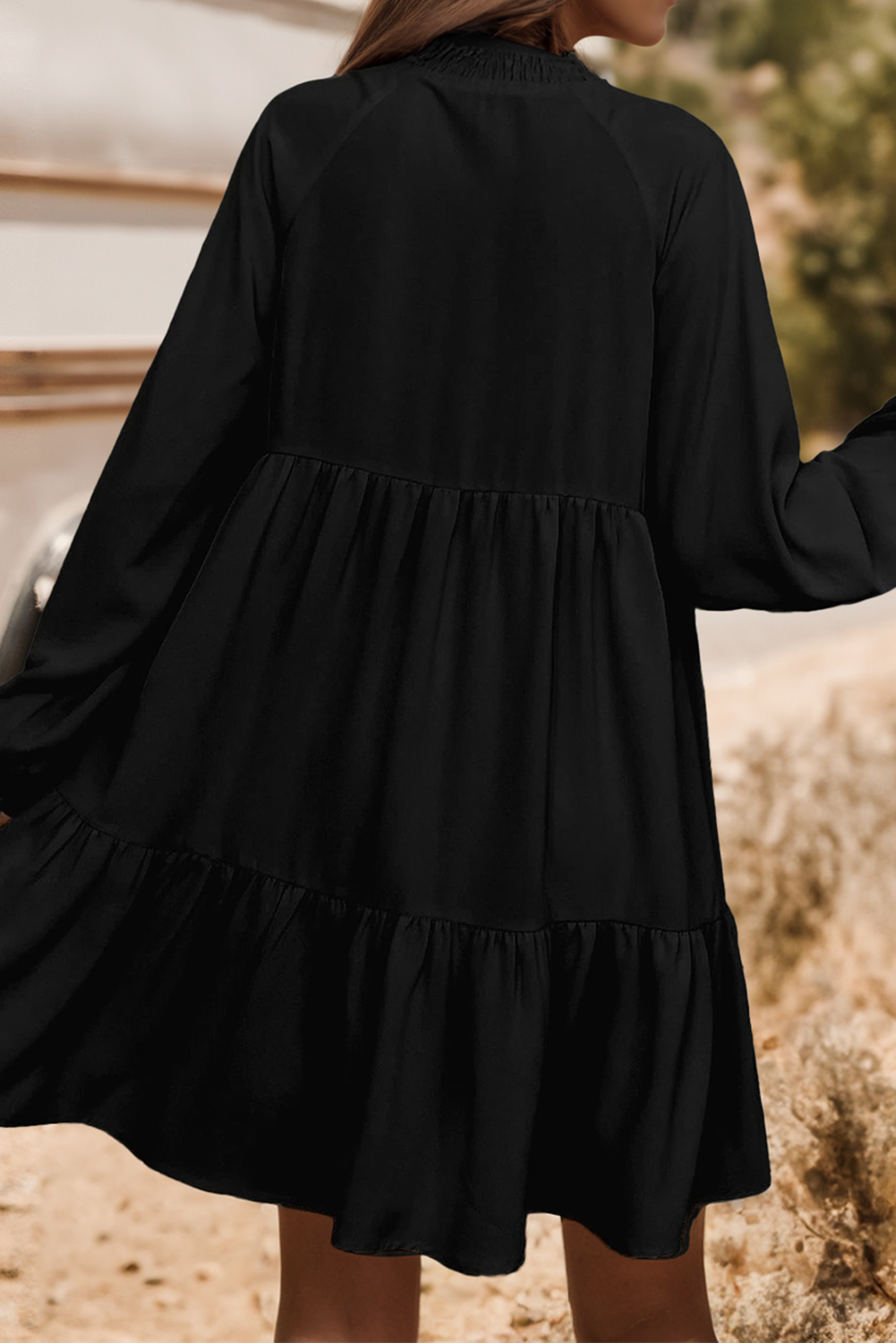 Smocked Detail Long Puff Sleeve Ruffle Hem Loose Fall Dress