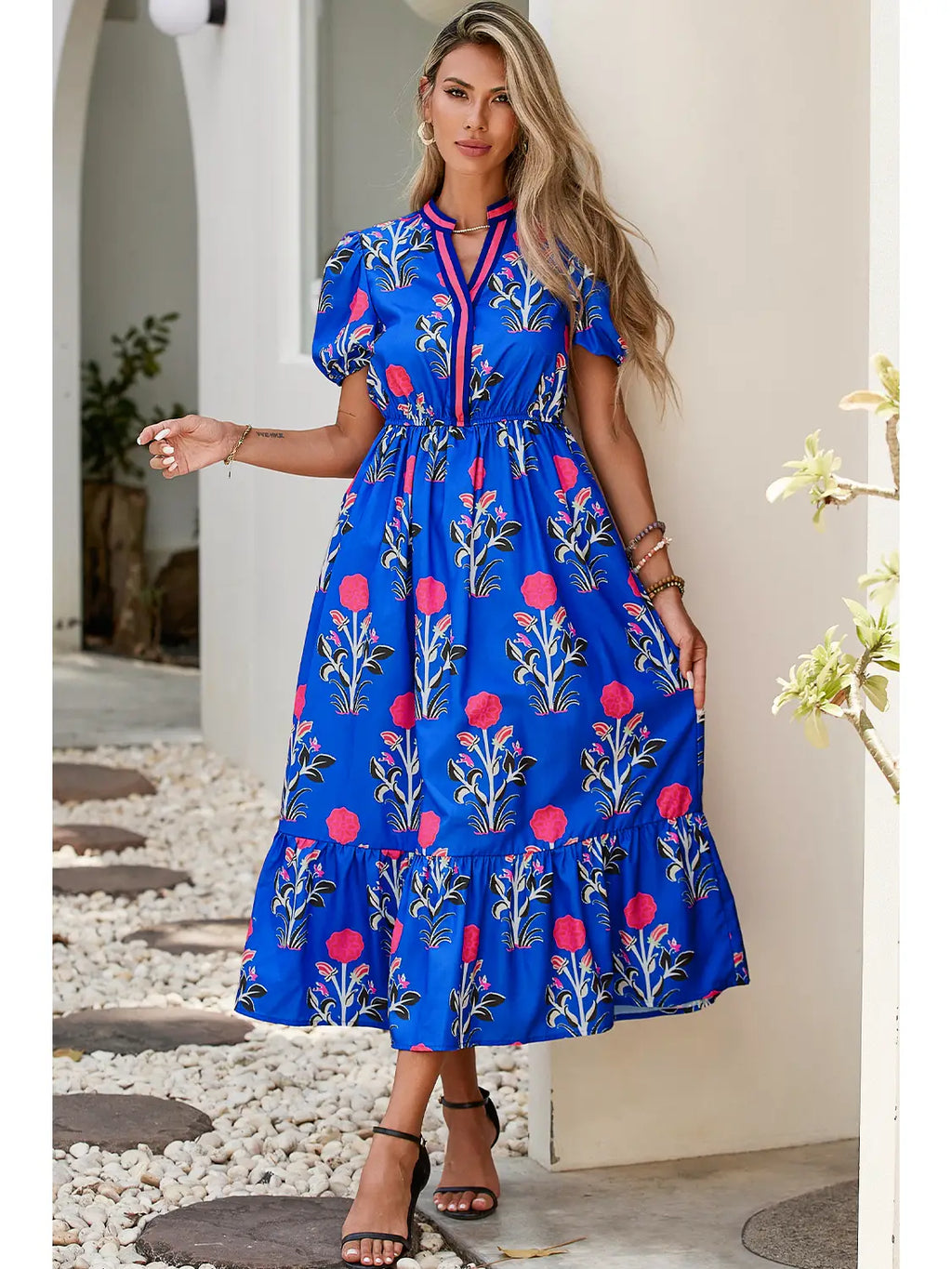 Floral Puff Sleeve V-Neck Maxi Dress