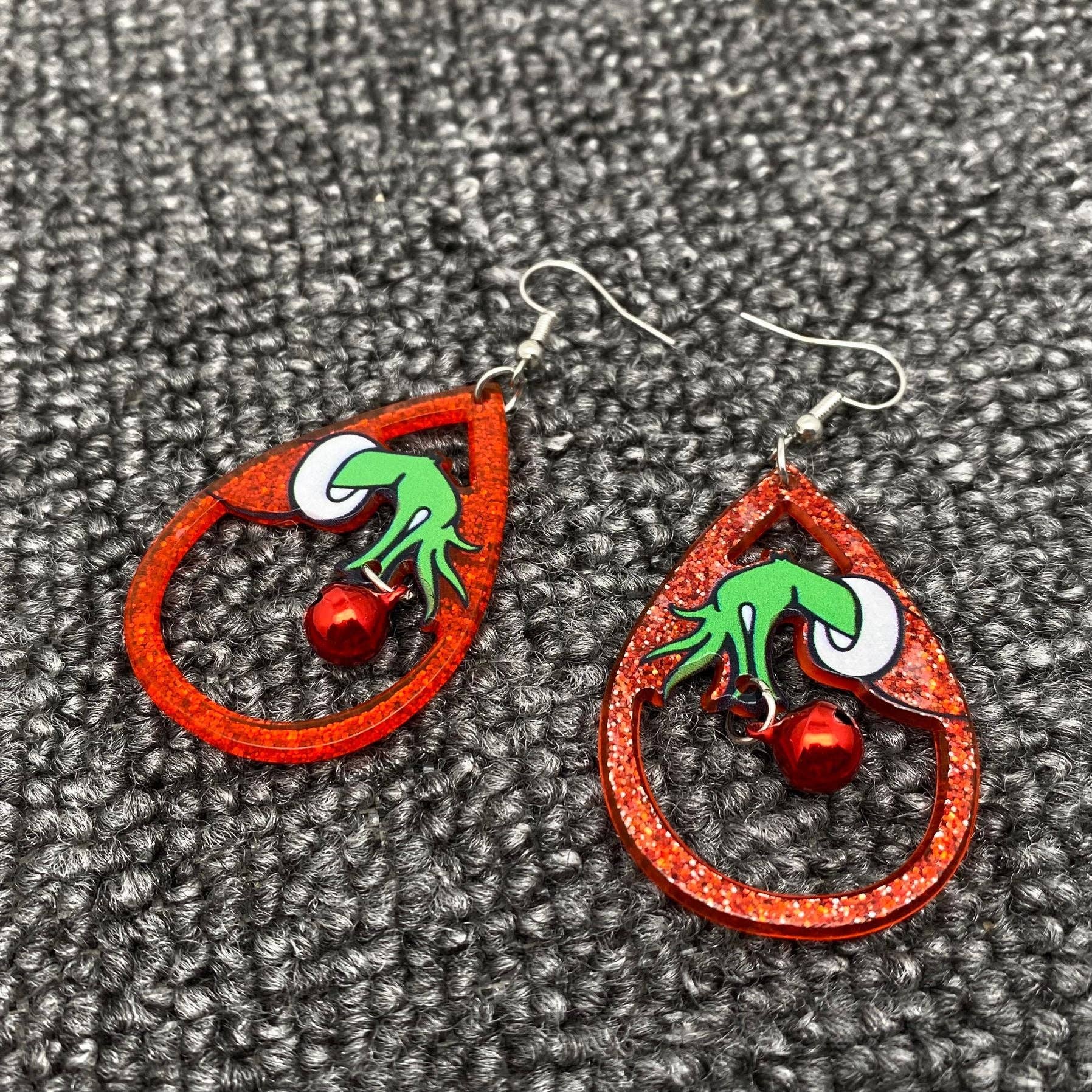 Christmas Acrylic Grinch Bell Dangle Earrings